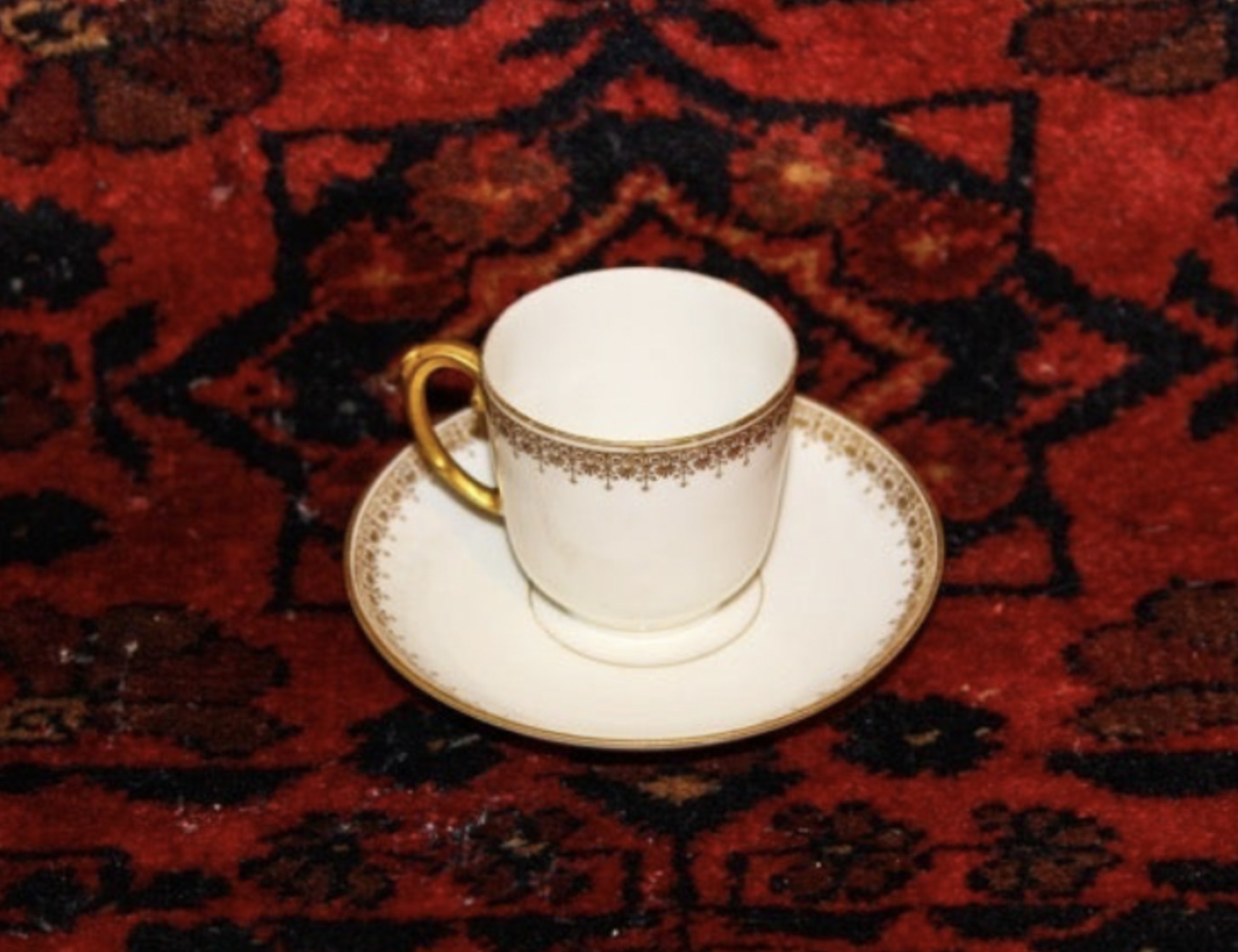 Delinieres & Co (D and Co) Limoges France Demitasse Cup Saucer Set w Gold Trim