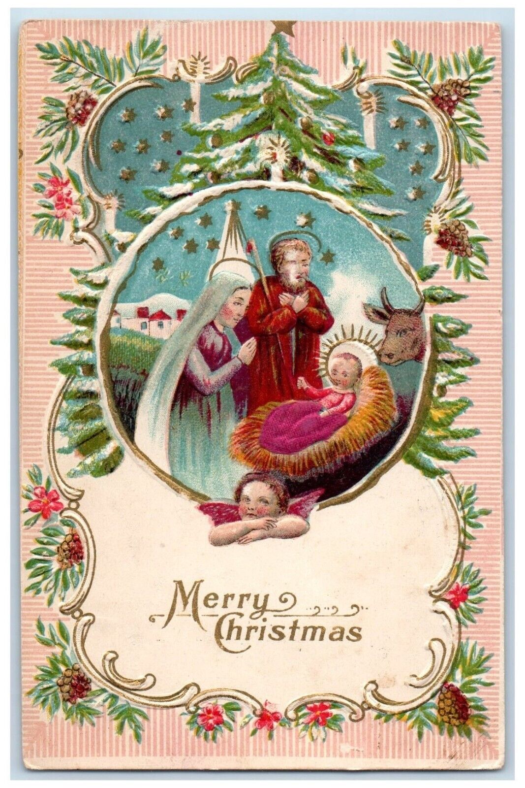 c1910\'s Christmas Baby Jesus Angel Religious Christmas Tree Winter Silk Postcard