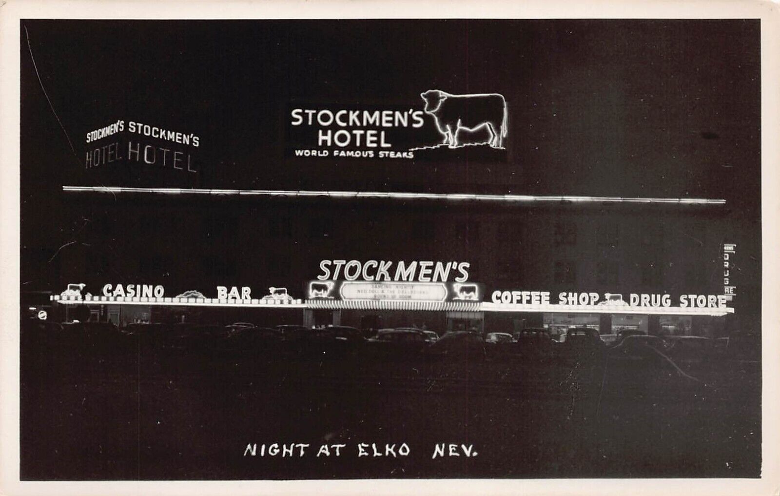 RPPC Elko Nevada Stockmen\'s Hotel Casino Night Neon Sign Photo Vtg Postcard T10