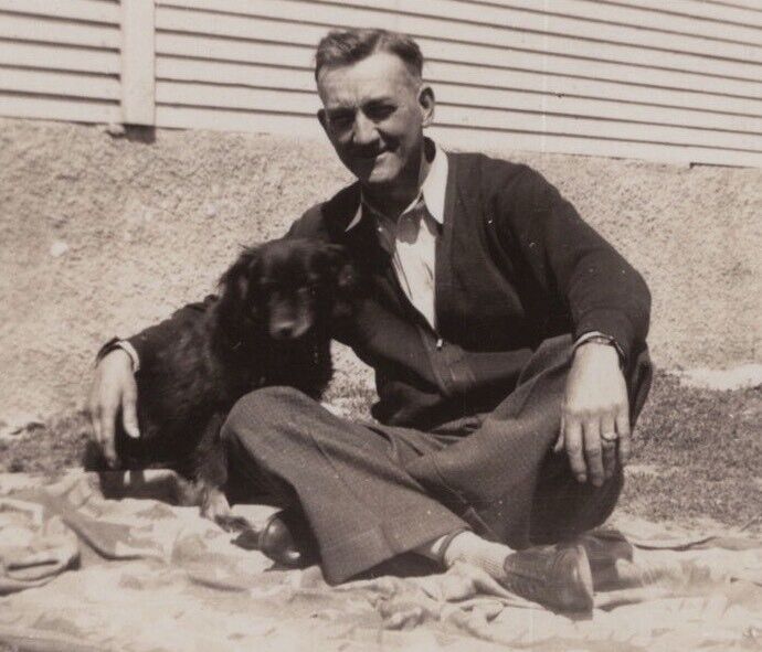 9i Photograph Handsome Man Pet Dog Puppy Portrait 1920-30’s