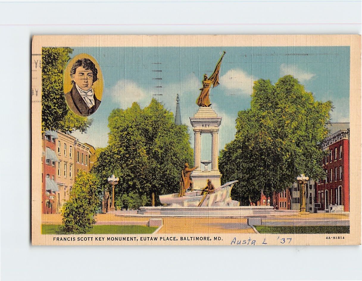 Postcard Francis Scott  Key Monument Eutaw Place Baltimore Maryland USA
