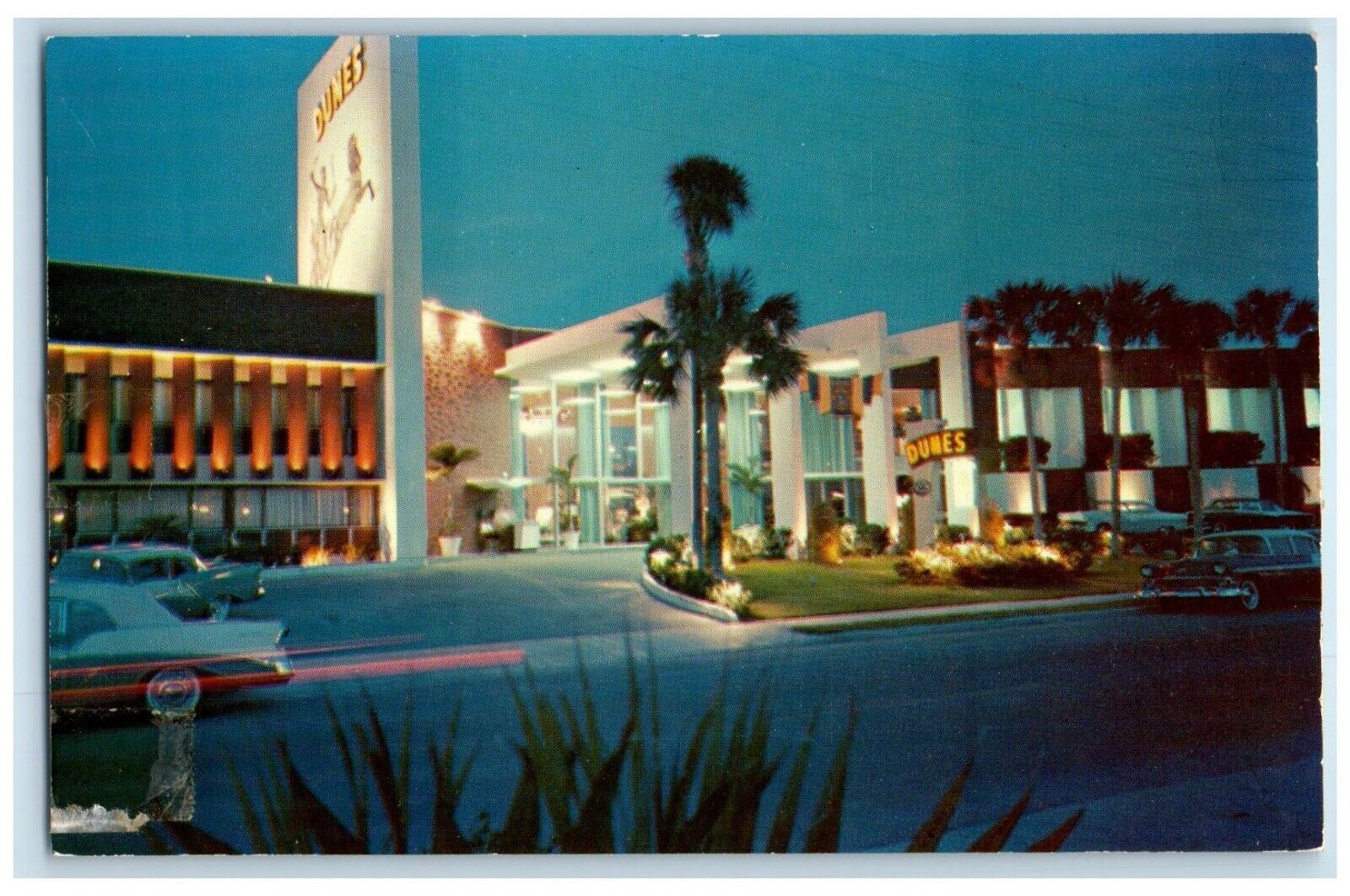 c1950\'s Night Scene Along Motel Row Cars Miami Beach Florida FL Vintage Postcard