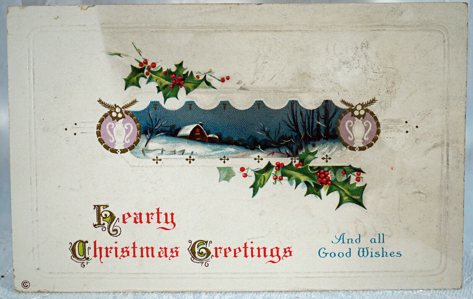 Antique Embossed Postcard Hearty Christmas Greetings 1913 1 cent Stamp