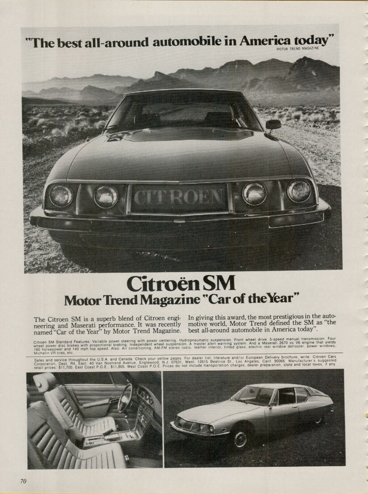 1972 Citroen SM Motor Trend Car of the Year Best All Around Car Vintage Print Ad