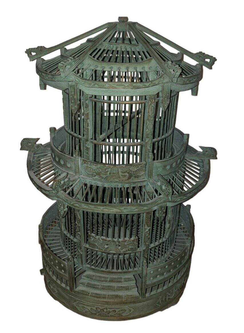 Vintage Antique Asian Chinese Oriental Wooden Pagoda Bird Cage Three Levels