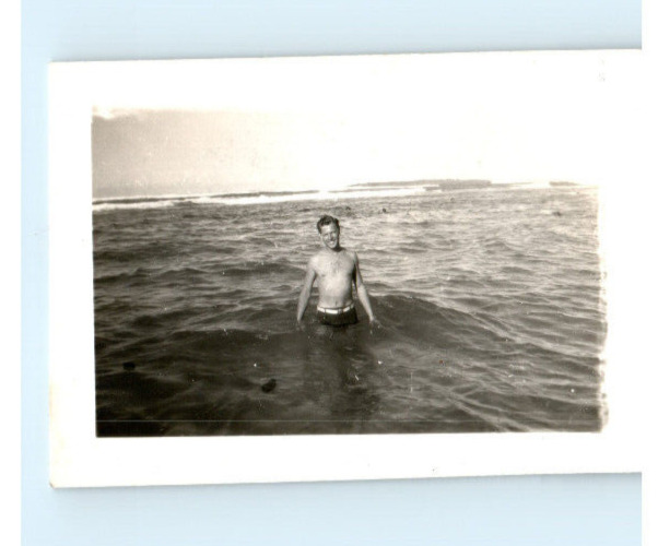 Vintage Photo 1940\'s, US Navy Sailor In The Ocean Shirtless, 1.5x3, Black White