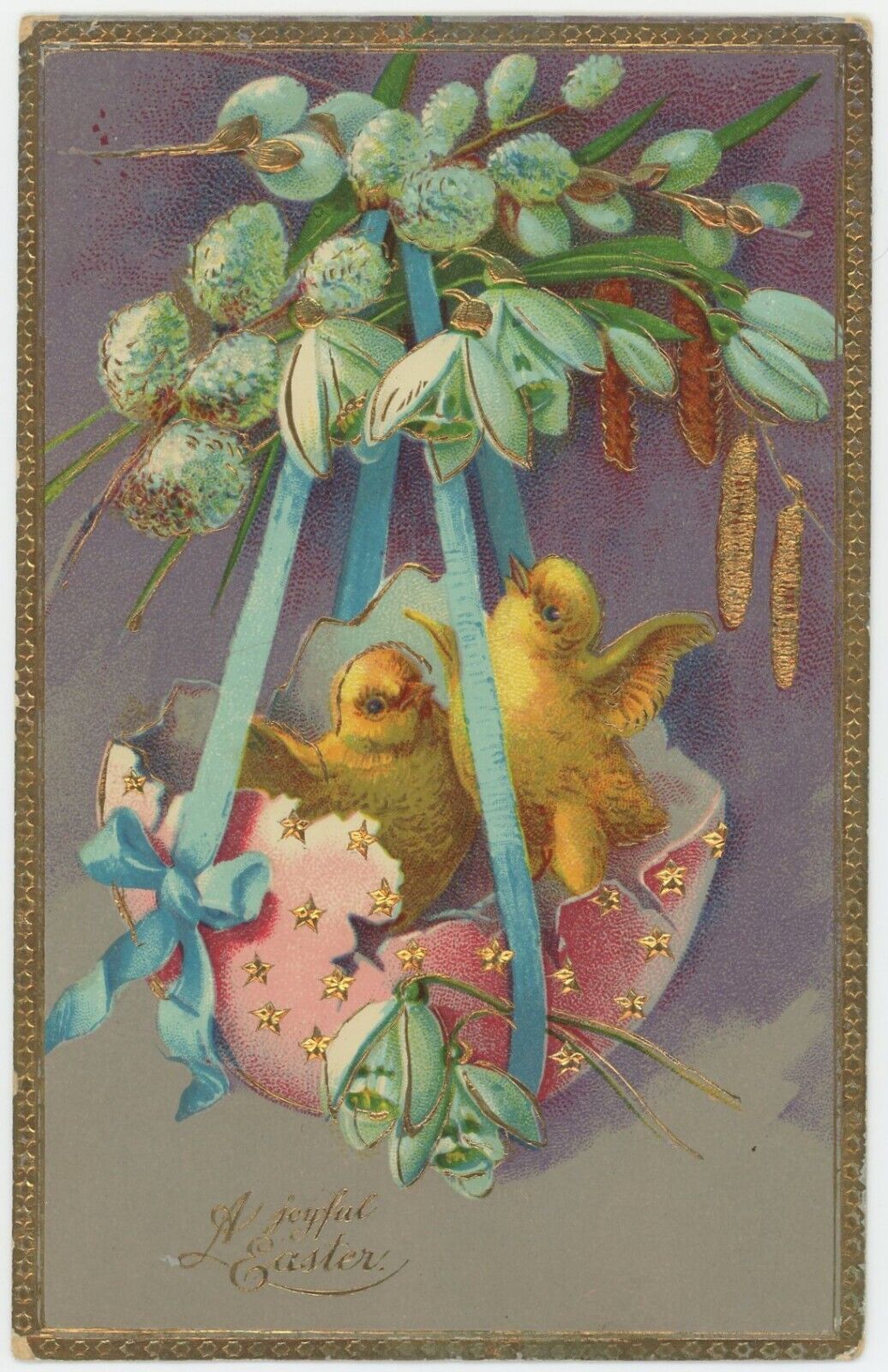 * GORGEOUS * 1920 Post Card - EASTER - CHICKS IN EGG - Embossed & Fancy Trim