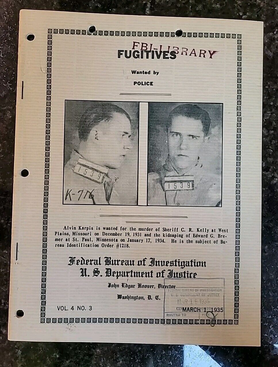 FBI FUGITIVES Booklet, March 1, 1935, Alvin Karpis, Murder of  Sheriff CR Kelly