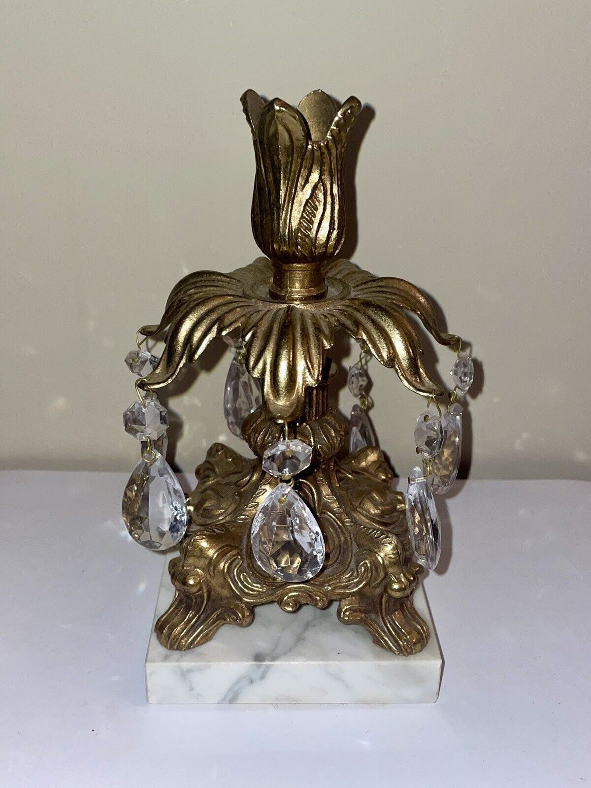 Antique MCM Engraved Brass Candle Holder Crystal Gemstone Marble Base