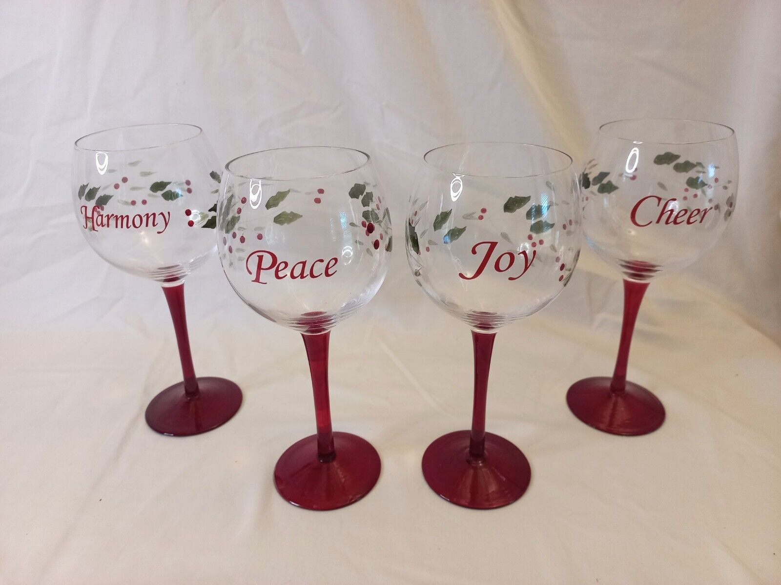 VTG Pfaltzgraff Winterberry Sentiments Cheer, Peace, Harmony, & Joy Wine Glasses