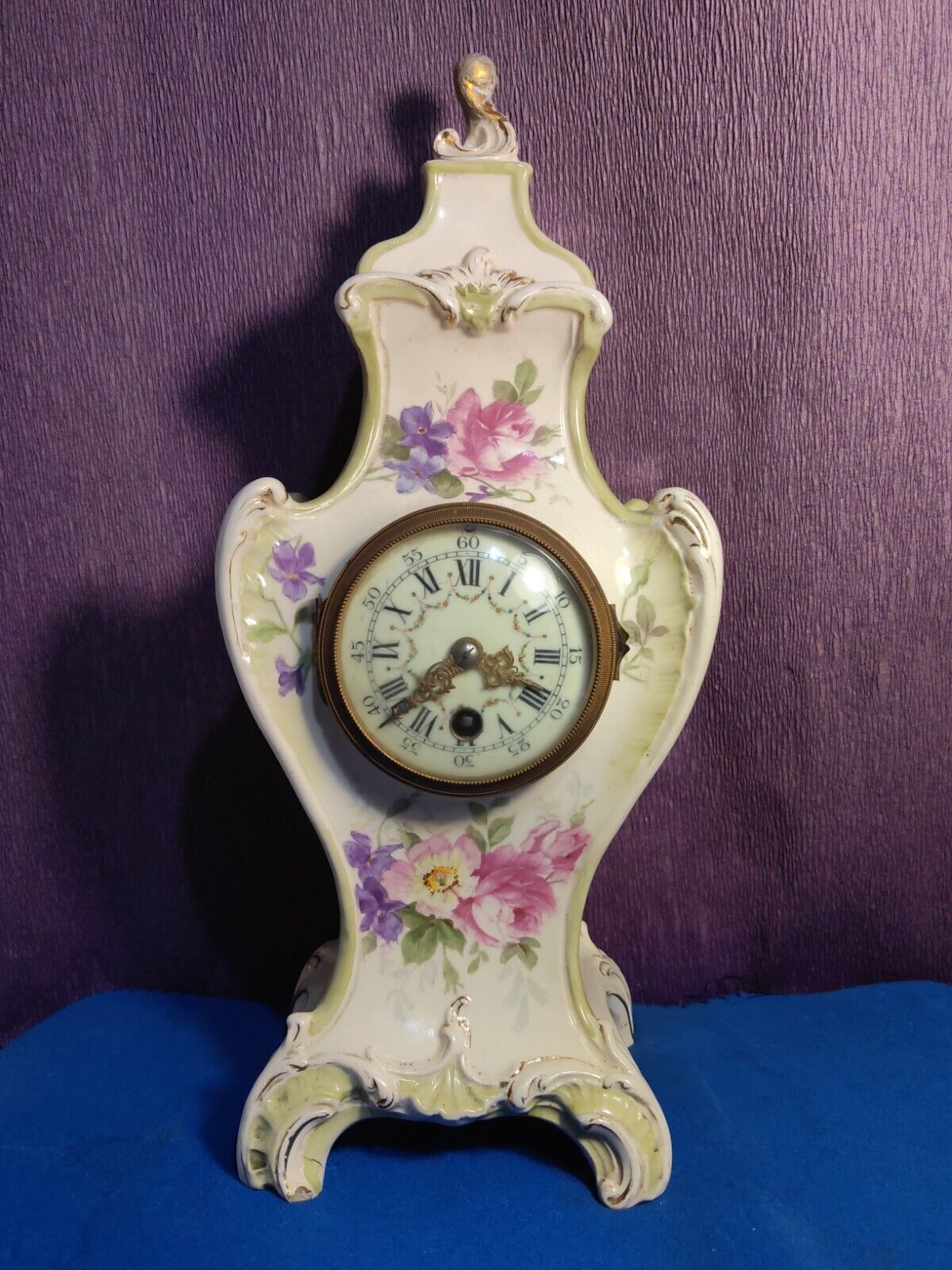 Large Antique  Porcelain Mantel Clock Royal Bonn Germany Hand Painted  33cm