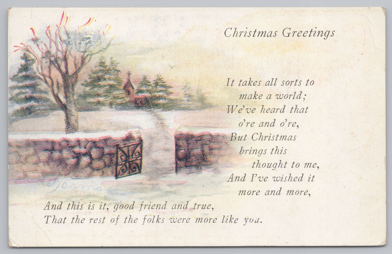 Holiday~Christmas~Home in Winter~Gate Open~Vintage Postcard
