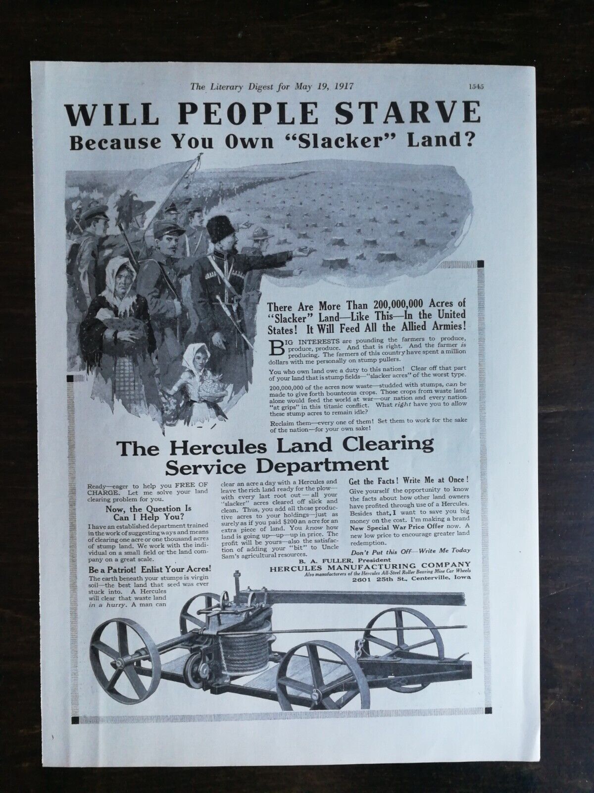 Vintage 1917 Hercules Land Clearing Service Department Full Page Original Ad 222