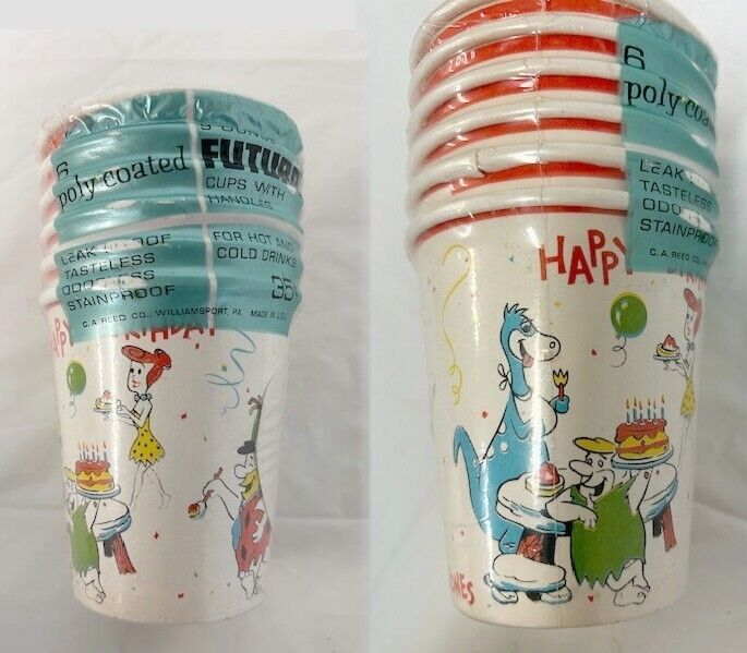 Vintage 1964 THE FLINTSTONES Party CUPS FUTURA UNUSED Pkg of 6 Happy Birthday