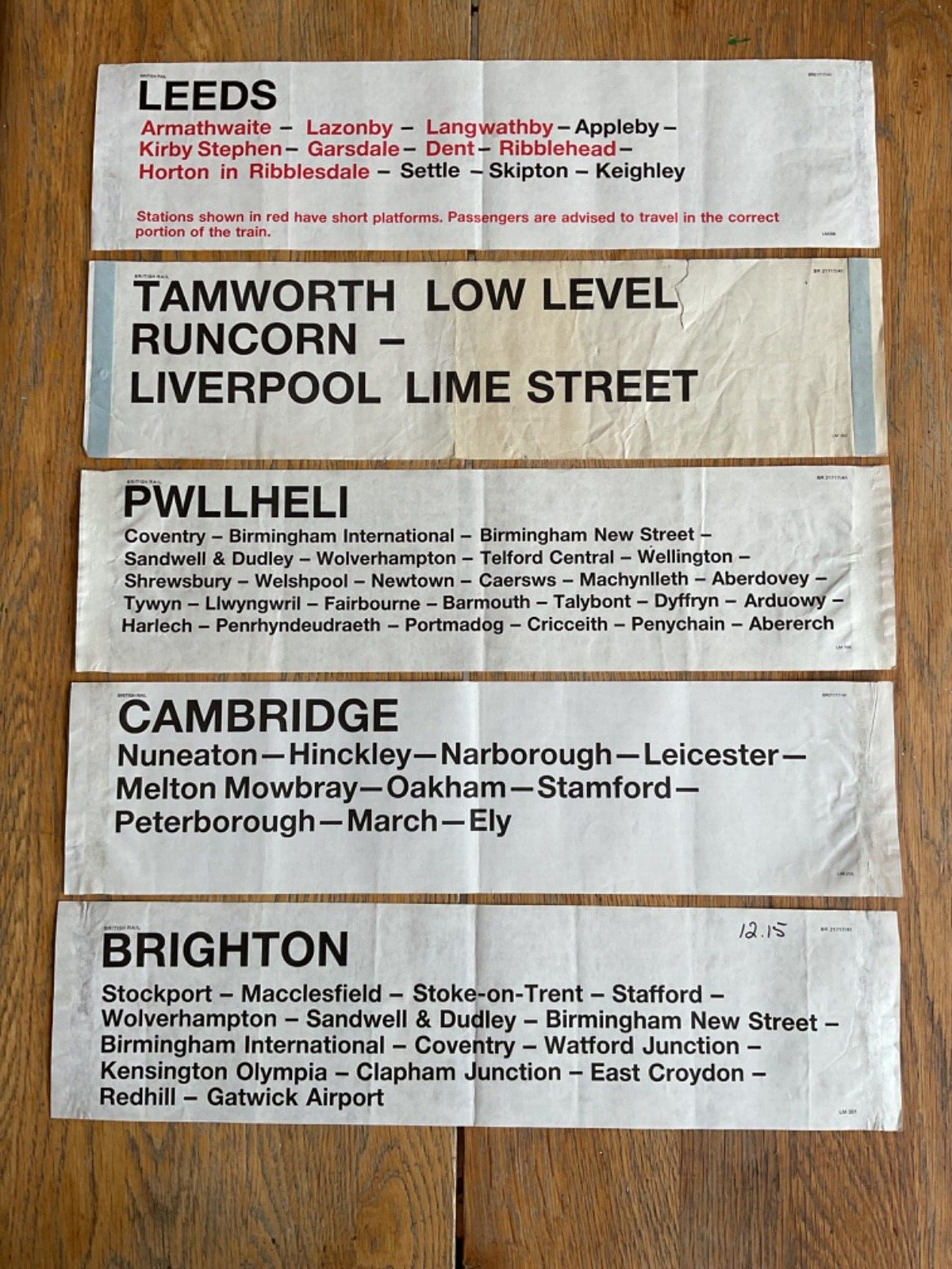 5x British Rail LM window labels Leeds, Liverpool, Pwllheli, Brighton, Cambridge