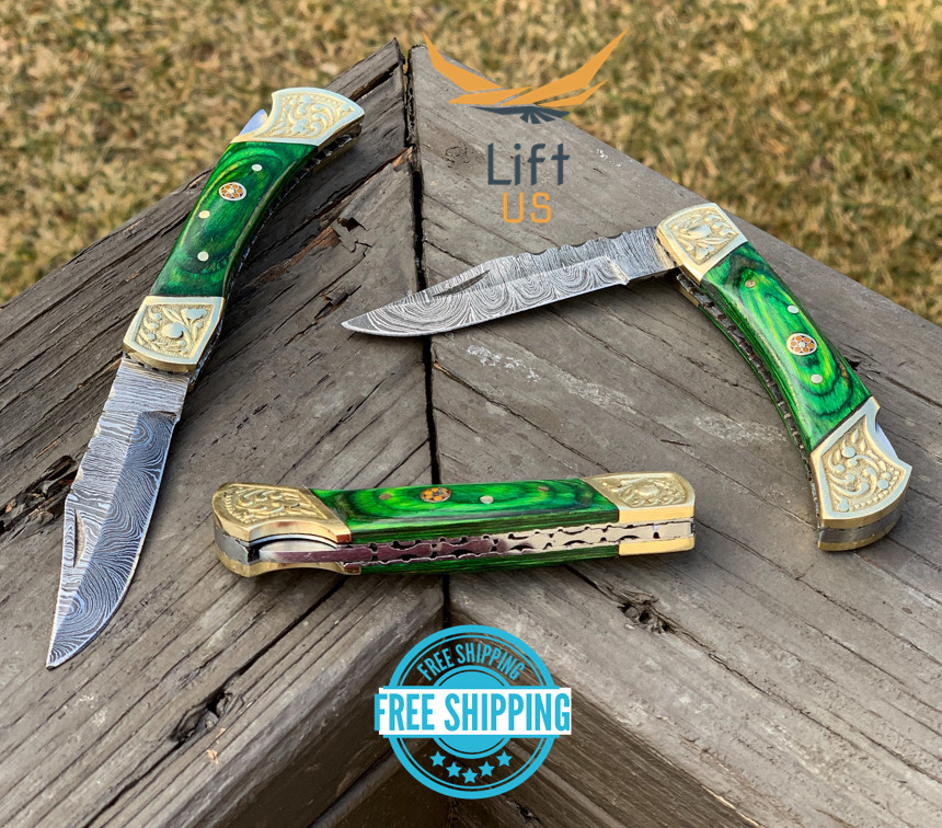 Custom Handmade Damascus Steel Pocket Knife Folding Blade W/Green Wood Handle 7\
