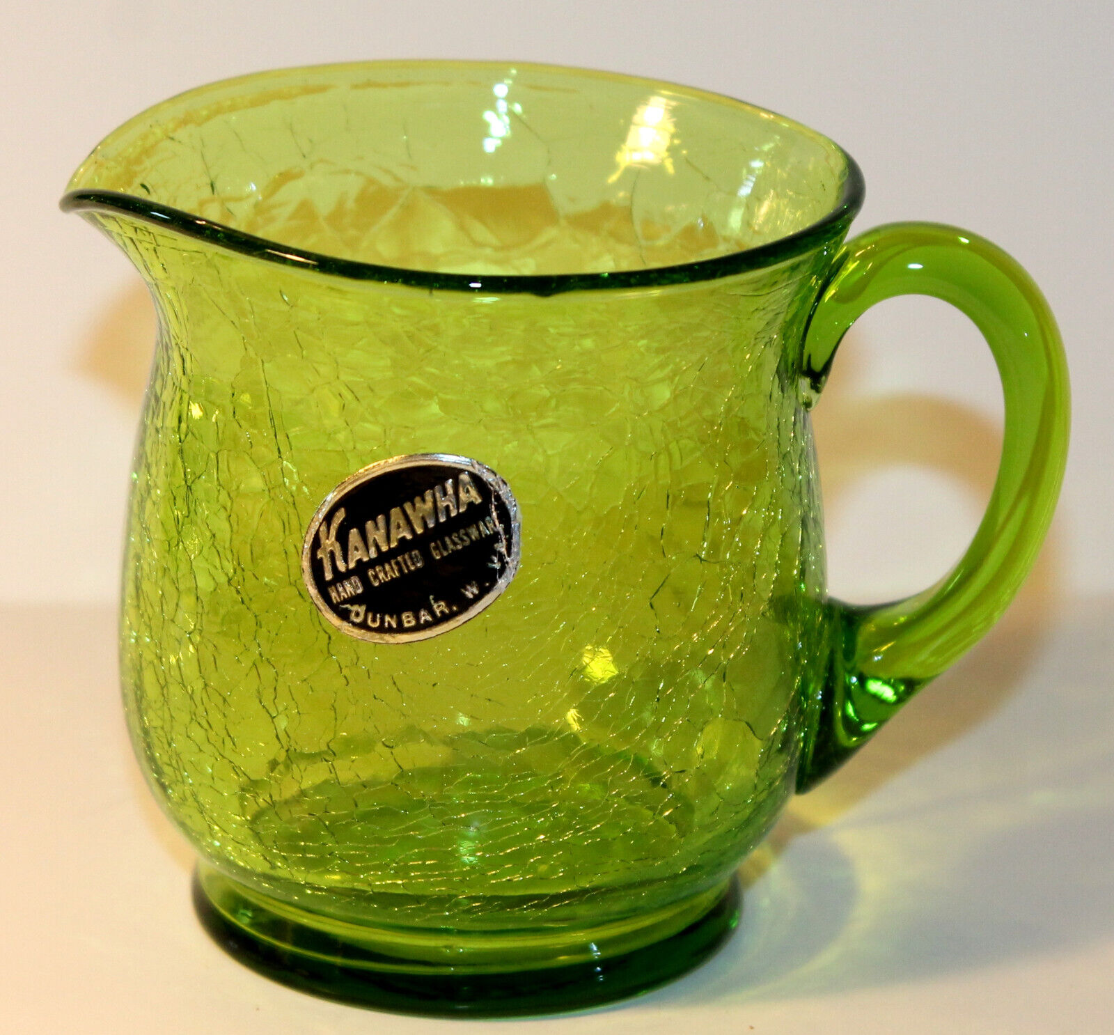 Vintage Kanawha Green Crackle Glass Small Pitcher Creamer Handcrafted Dunbar WV
