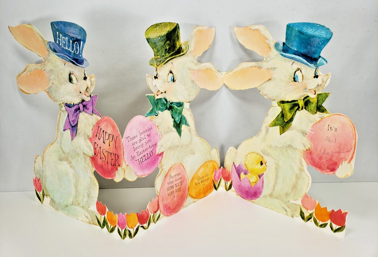 Vintage Jumbo Stand Up Fold Out Hallmark Easter Day Card Flocked Bunny Rabbit