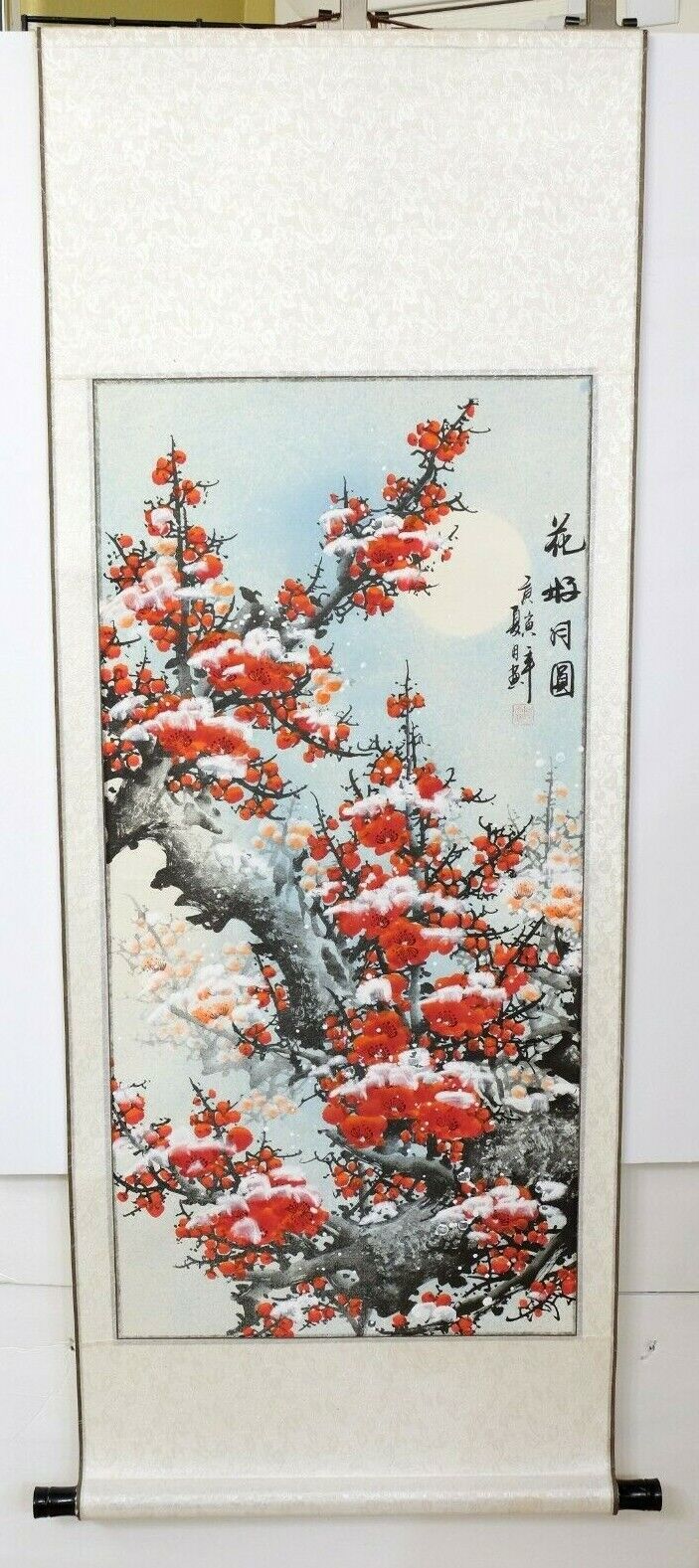 Vtg Chinese Artist Signed Hand Painted Silk Scroll Red Flowers Winter Snowfall