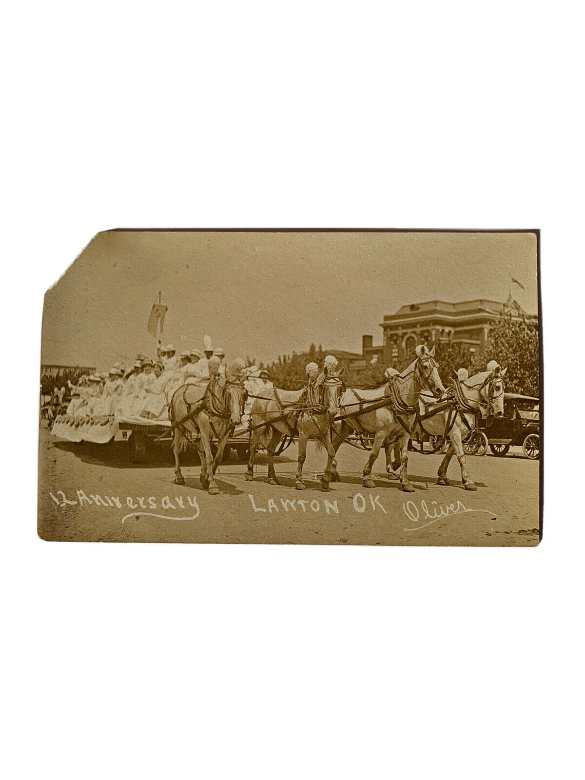 RPPC 12 Anniversary Lawton Oklahoma Women in white on horse drawn float postcard