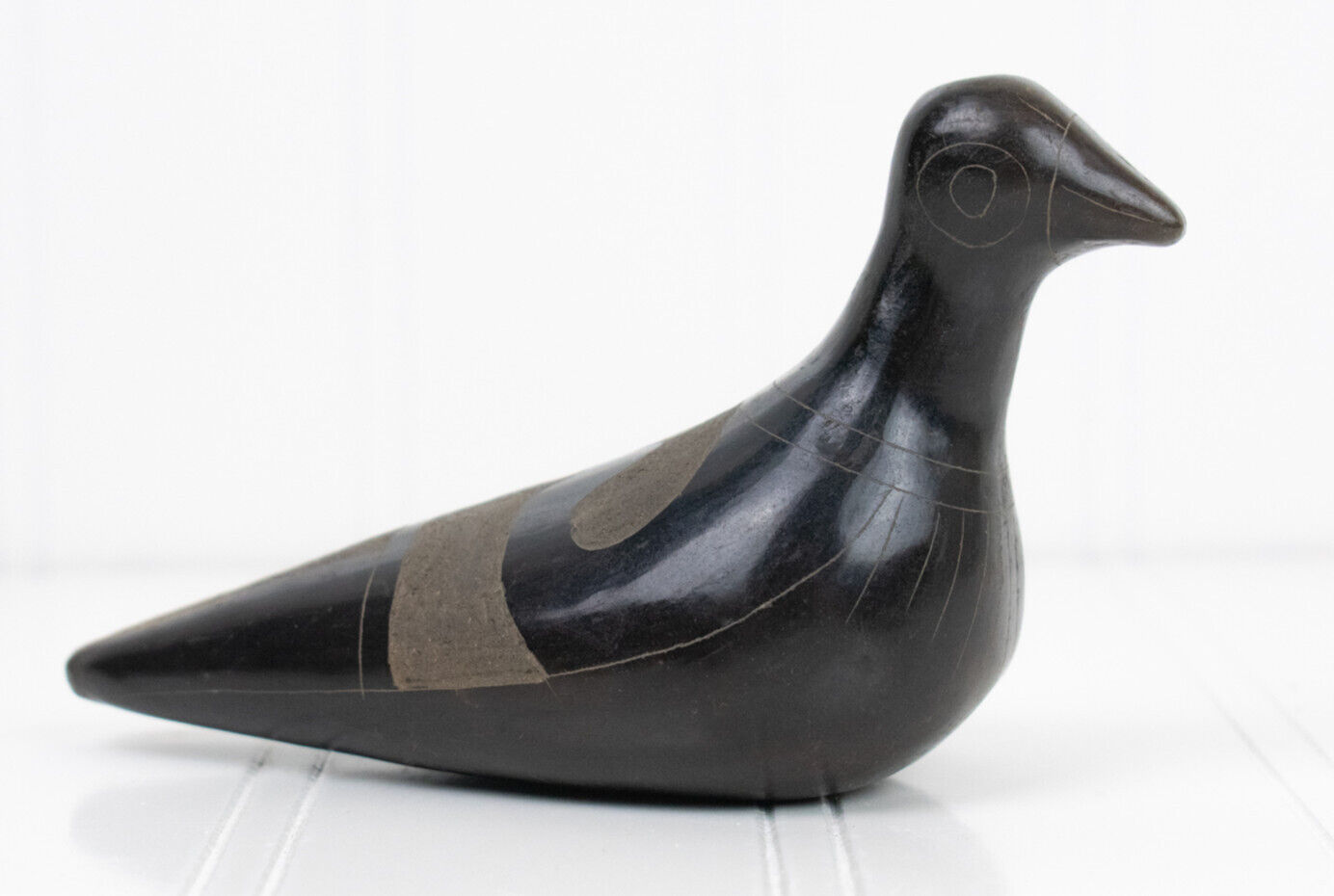 Vintage Black Mexican Pottery, Burnished & Etched Bird, Dove, Oaxaca — Signed