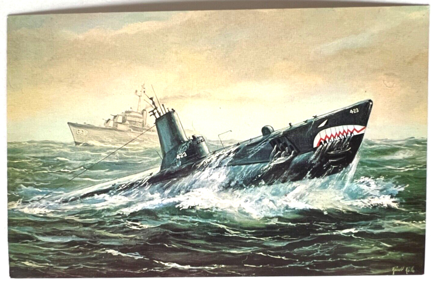 c1967 Postcard Painting of U.S.S. Torsk Naval Submarine Active in WWll A10