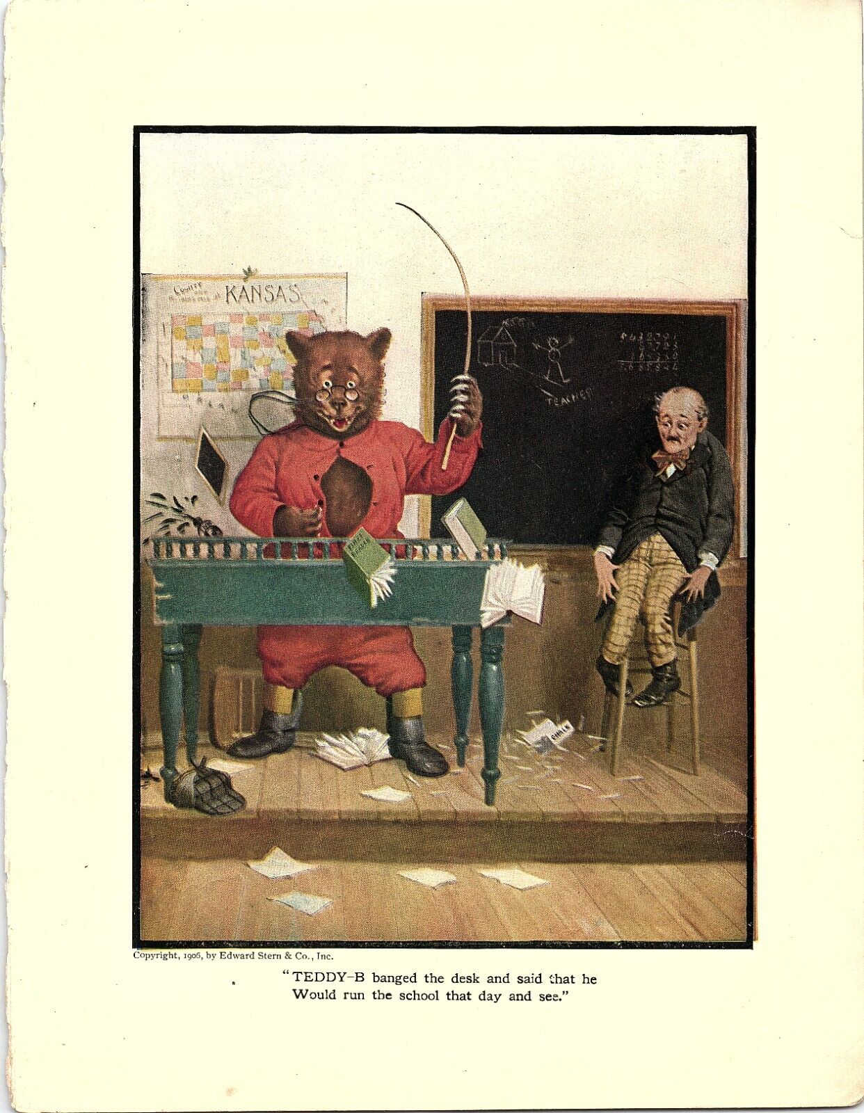 1906 EDWARD STERN & CO ROSEVELT BEARS TEDDY-B TEACHER LITHOGRAPHIC PRINT Z5524