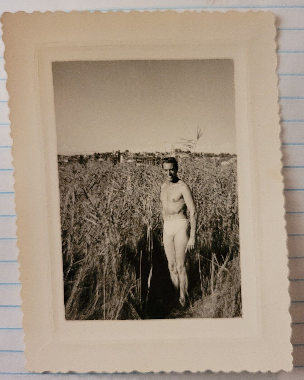 Handsome Underwear Man In Field Vintage Photo Candid Gay Interest Snapshot 