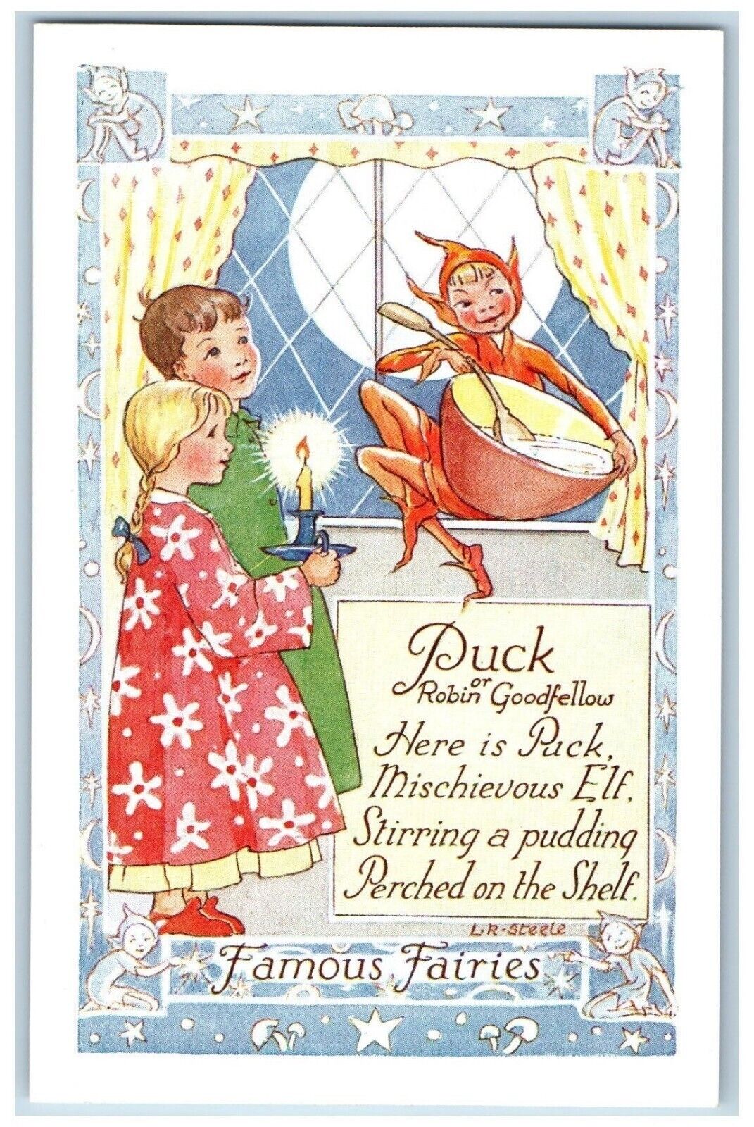 Famous Fairies Postcard Puck Robin Or Goodfellow Candle Fantasy c1910's Antique