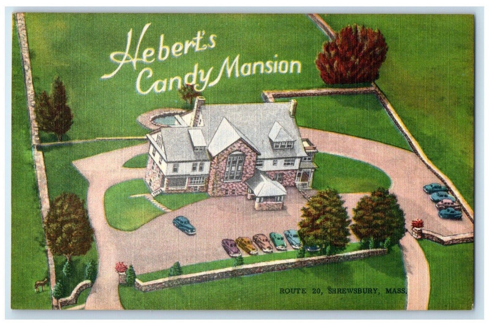 Shrewsbury Massachusetts Postcard Heberts Candy Mansion Exterior Building c1940