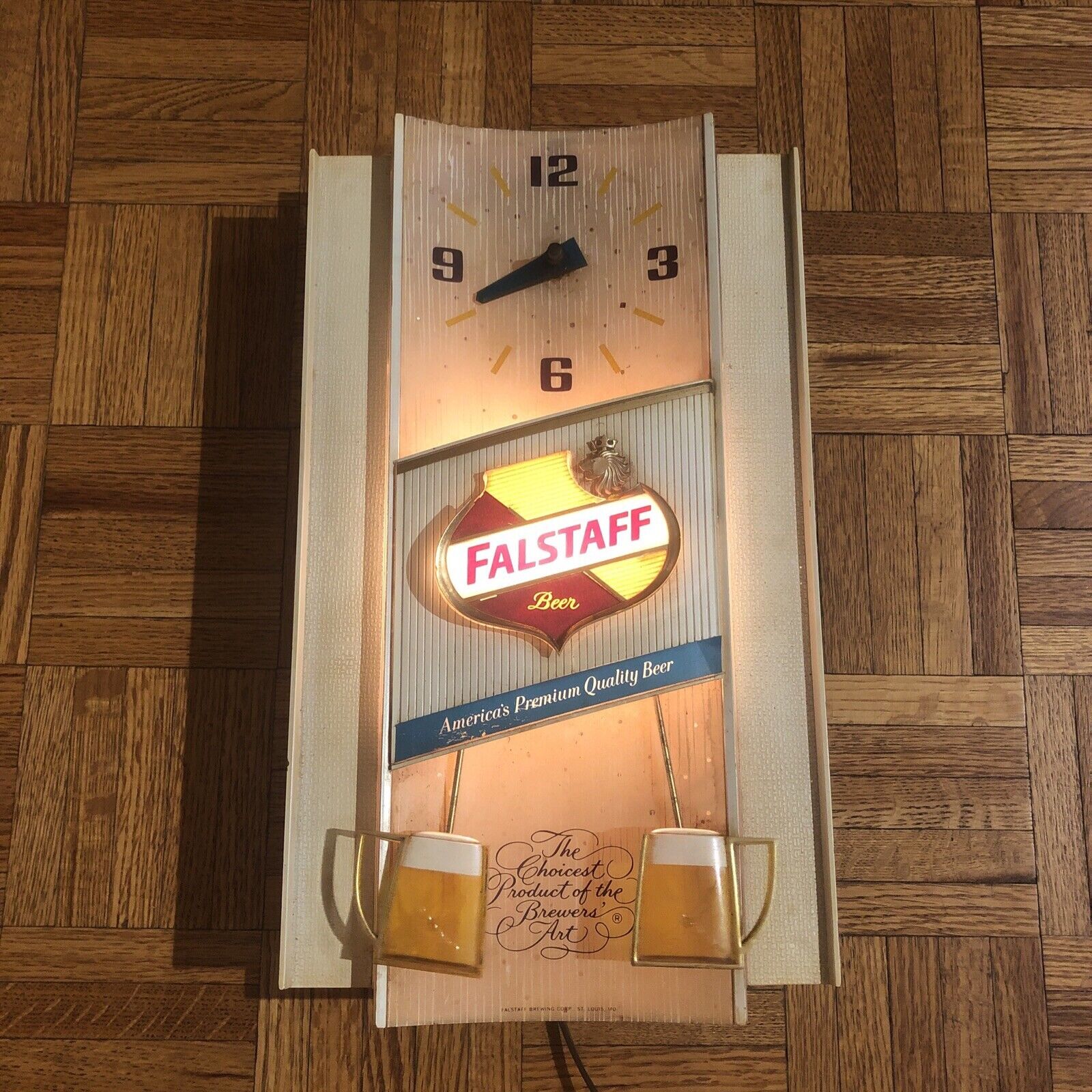 Vintage Falstaff Beer Toasting Mugs Lighted Clock Sign - Works
