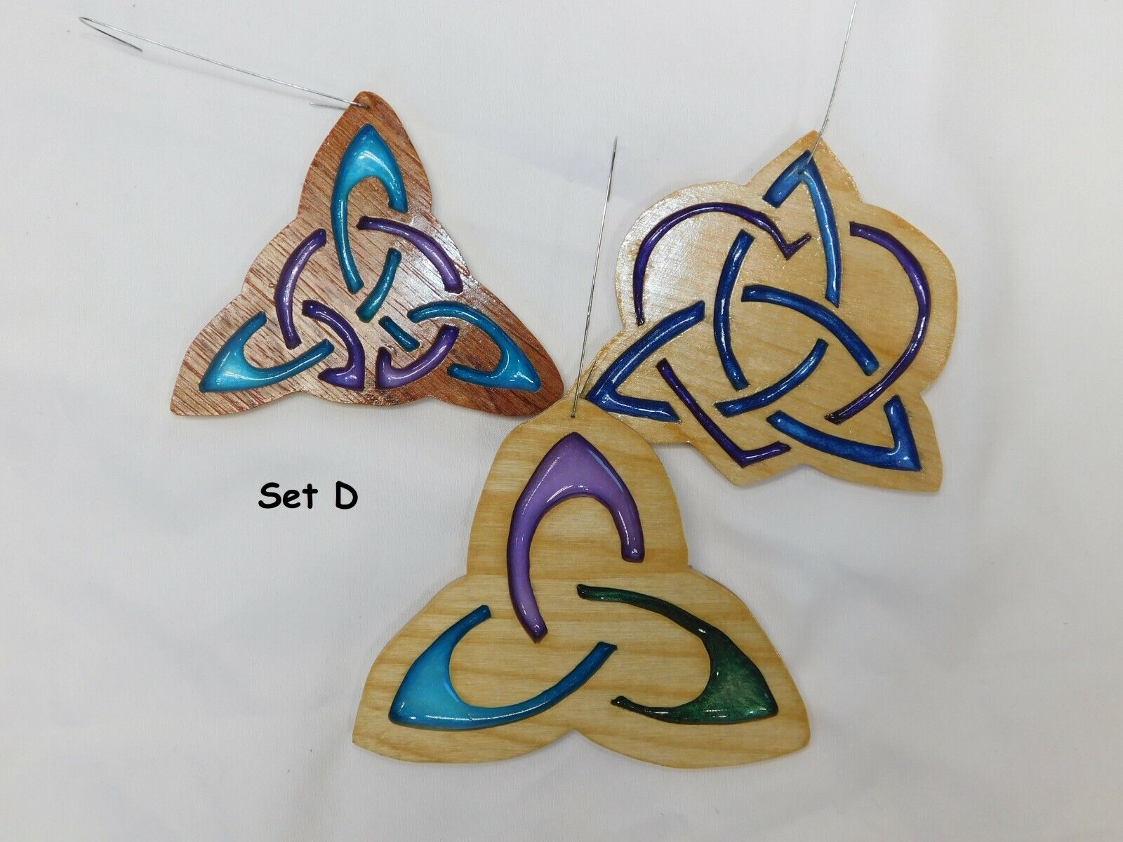 Set of 3 Celtic Knot Ornaments, Handmade Hardwood Decorations, Set D, suncatcher