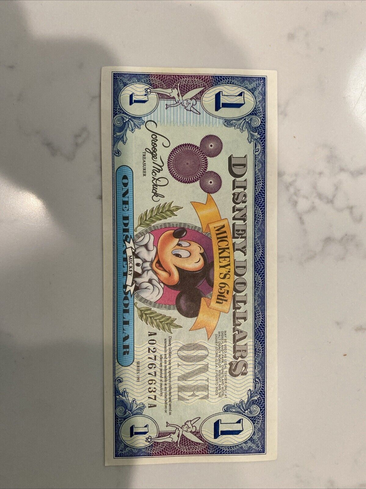 Disney Money 1993 $1 Mickey's 65th Anniversary Uncirculated Dollar Bill