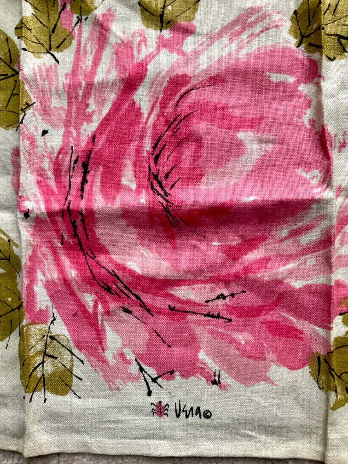 NWOT RARE VERA 🐞 NEUMANN Large Pink Roses Linen Kitchen Tea Hand Towel VTG