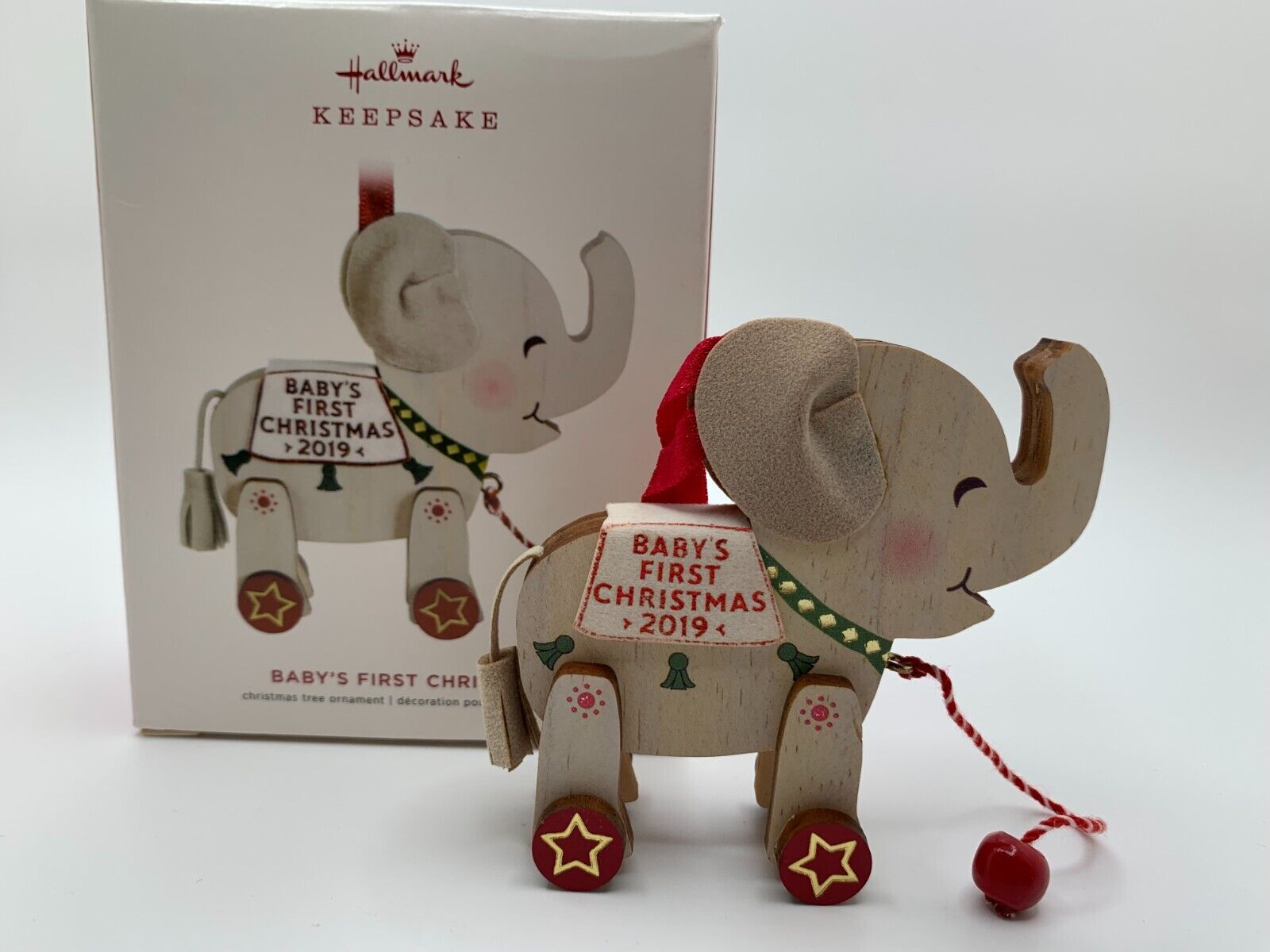 2019 Hallmark Keepsake Ornament Baby\'s First Christmas Wooden Elephant Pull Toy