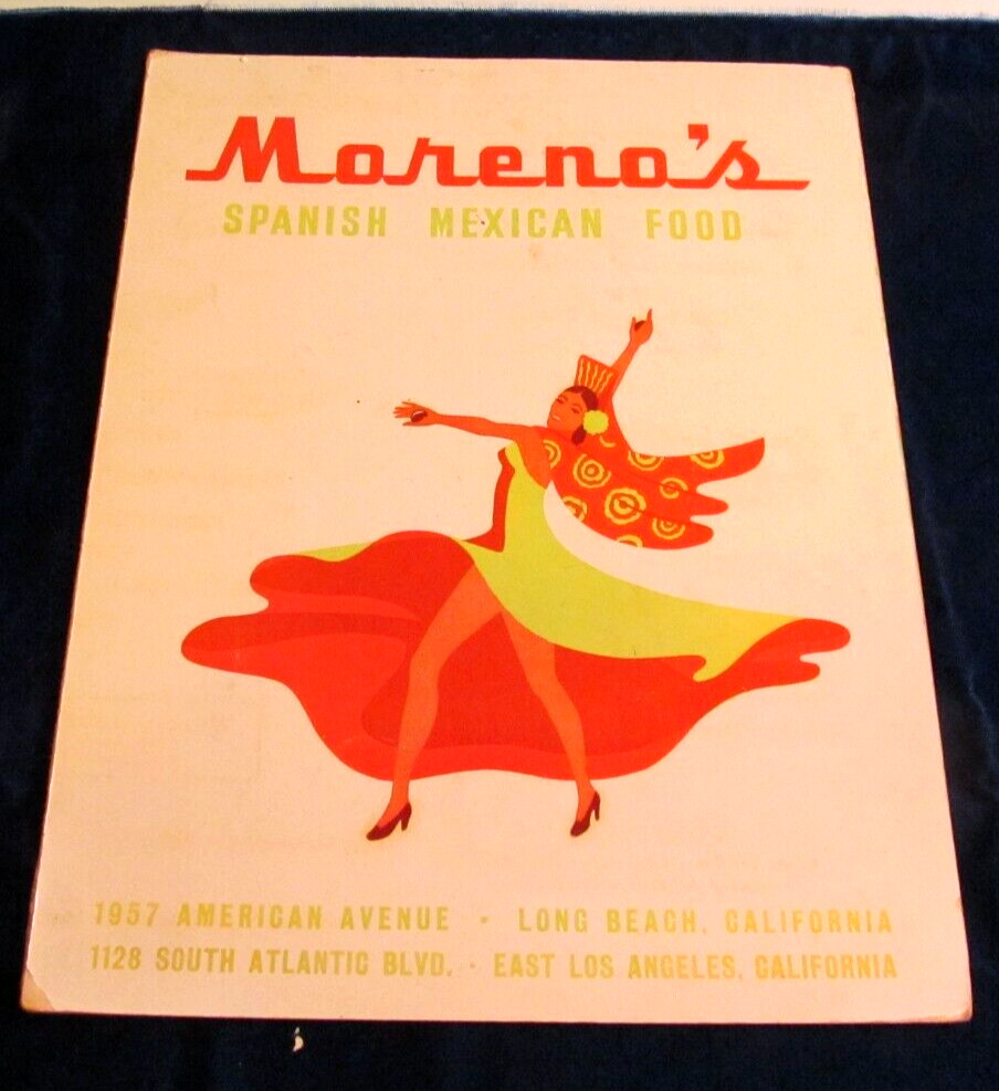 Moreno\'s restaurant  MENU Long Beach California + East Los Angeles VINTAGE 1950s