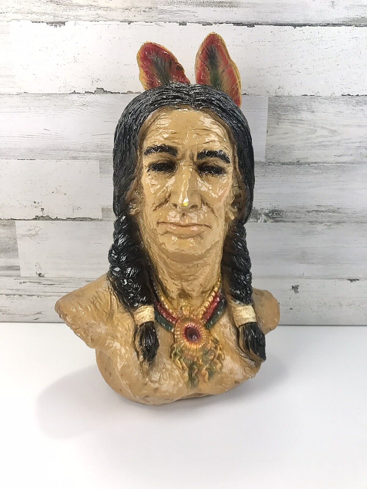 LARGE CERAMIC INDIAN CHIEF BUST HEAD STATUE HAND PAINTED - 19”