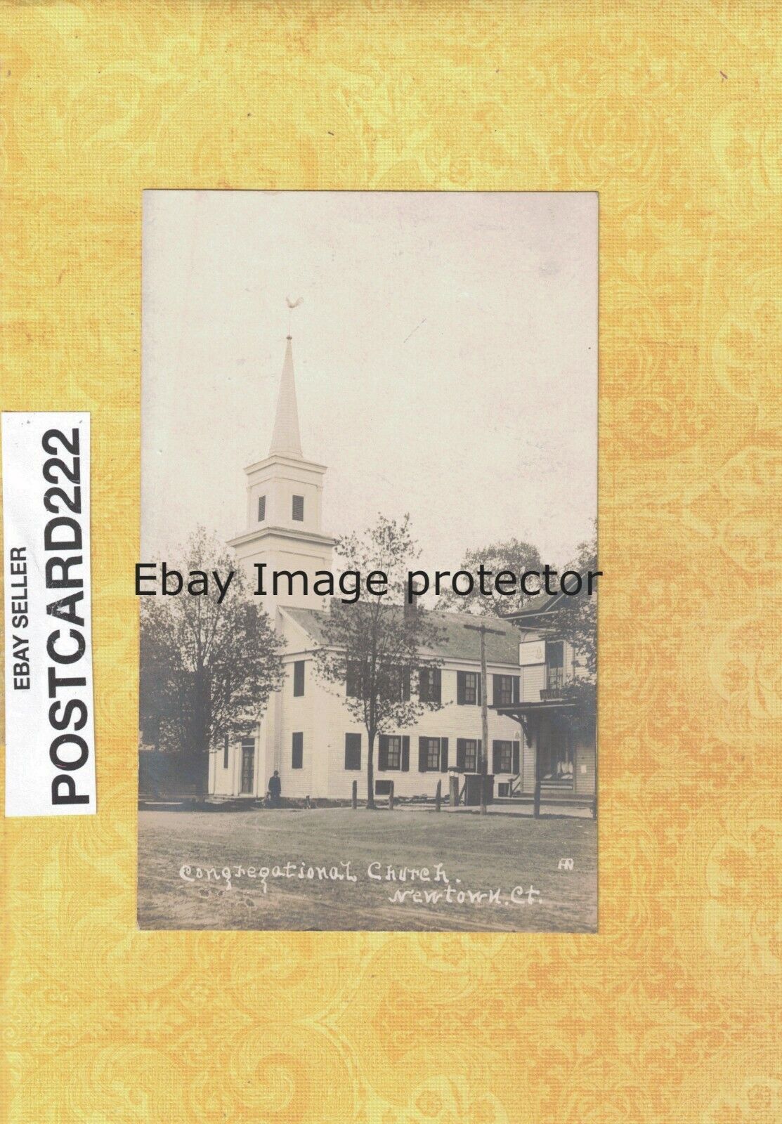 CT Newtown 1908-29 vintage RPPC postcard Congregational Church building Conn