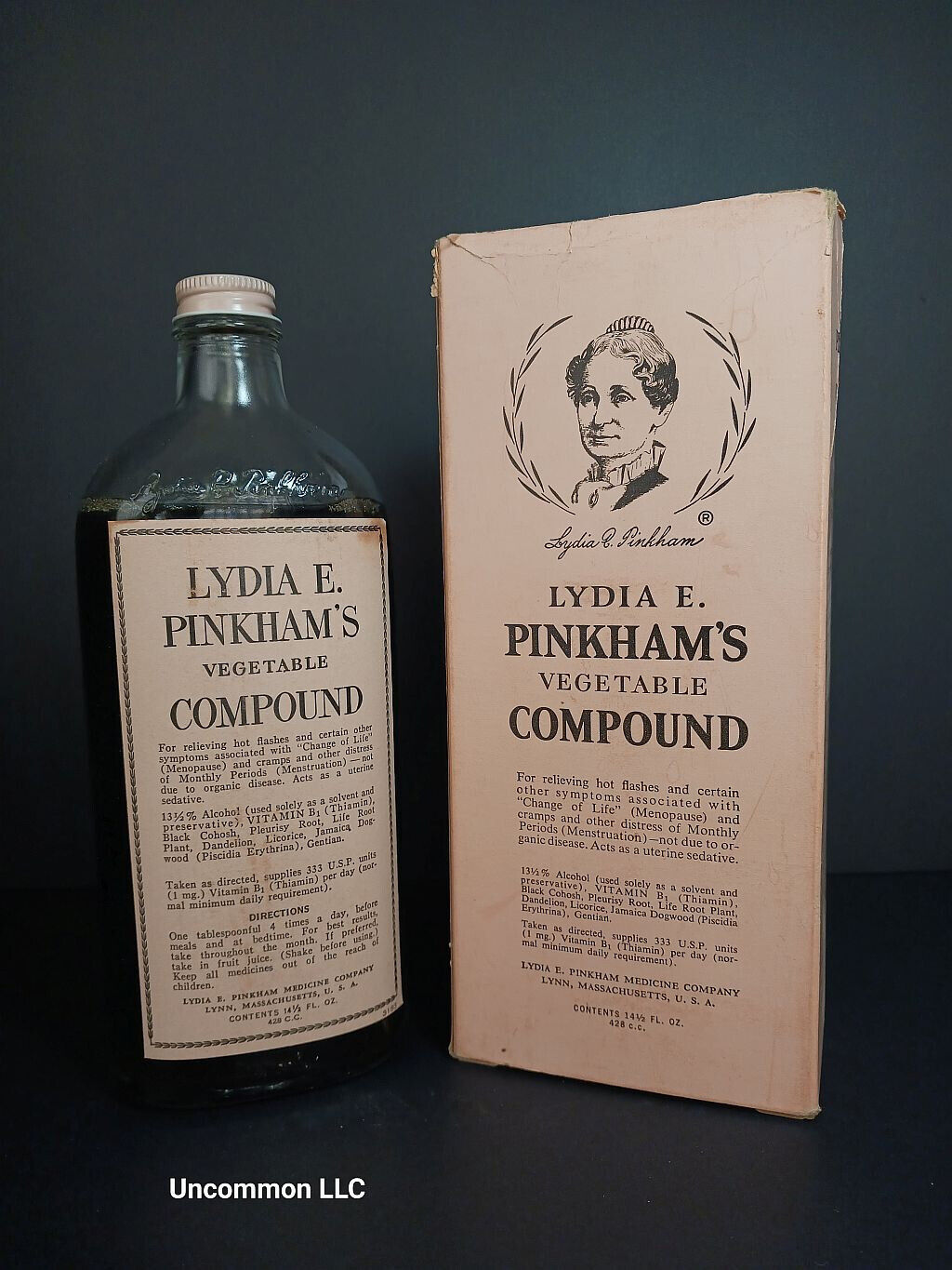 Antique Full Lg Bottle Lydia E Pinkham Vegetable Compound w/Original Box/insert