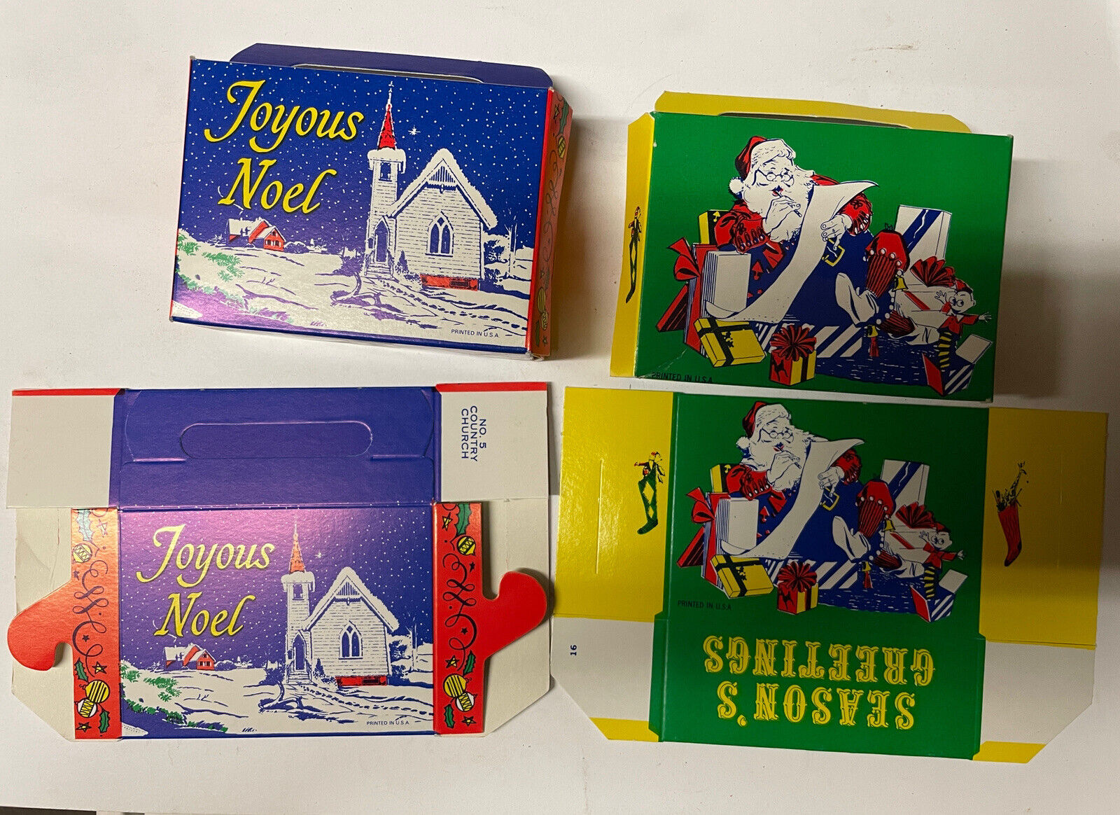 2 Vintage Christmas Cardboard Candy Boxes Santa Joyous Noel USA
