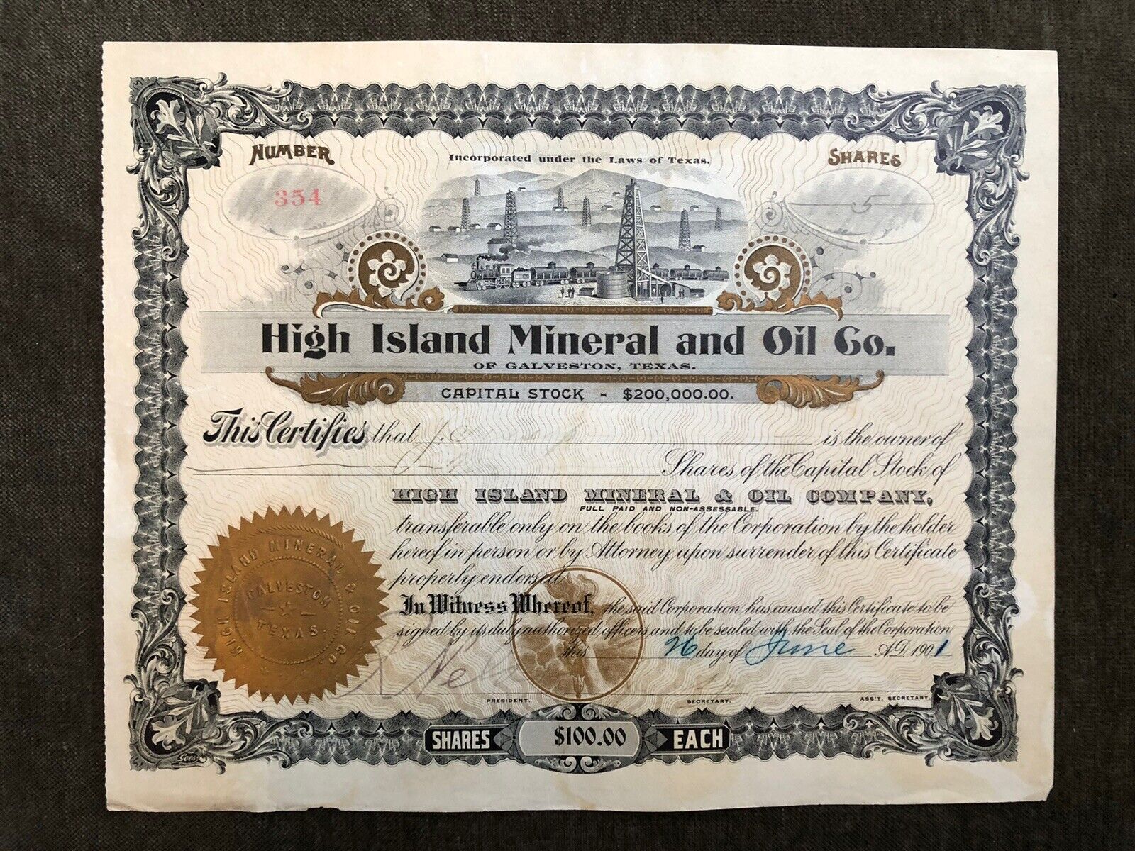 VERY RARE 1901 High Island Mineral and Oil Co. Stock Certificate Galveston Texas