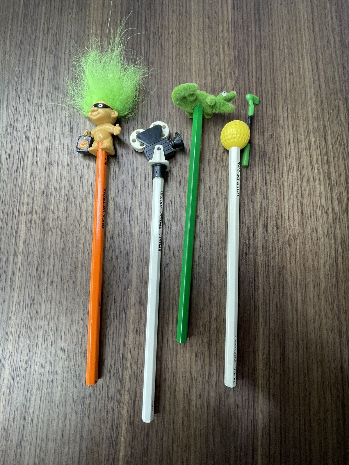 Vintage Unsharpened Pencil with Toppers Lot of 4 (Crocodile Is Missing One Eye)