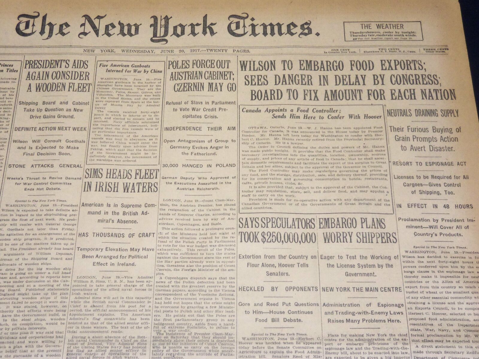 1917 JUNE 20 NEW YORK TIMES NEWSPAPER - WILSON TO EMBARGO FOOD EXPORTS - NT 7809