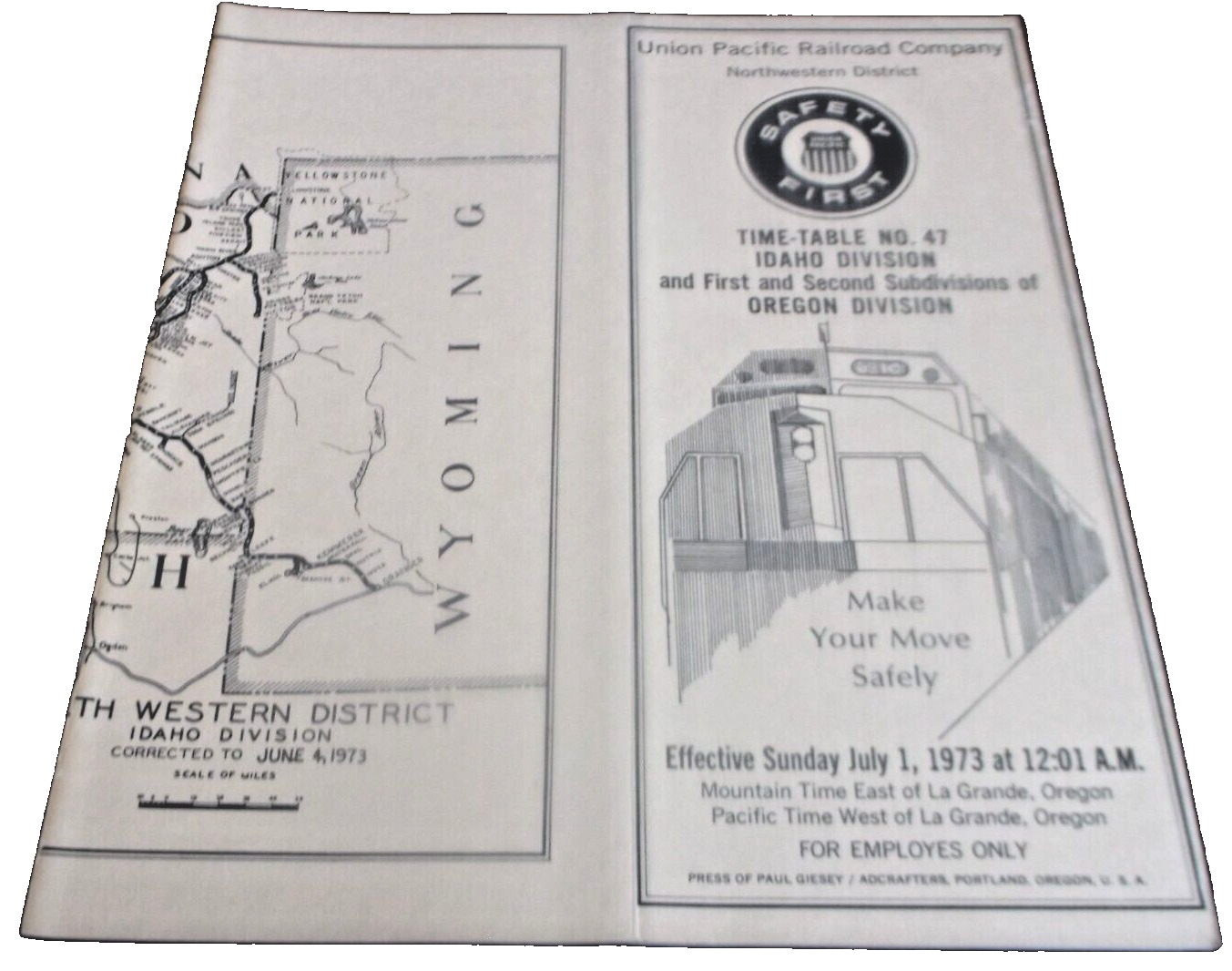 JULY 1973 UNION PACIFIC IDAHO DIVISION EMPLOYEE TIMETABLE #47