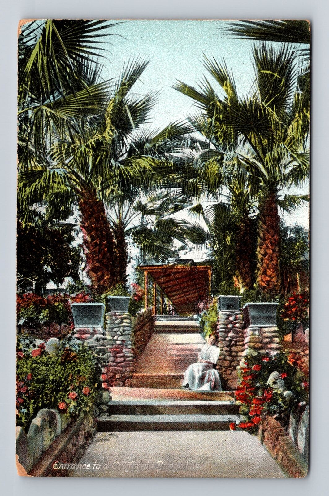 CA-California, Entrance to California Bungalow, Antique Vintage Postcard