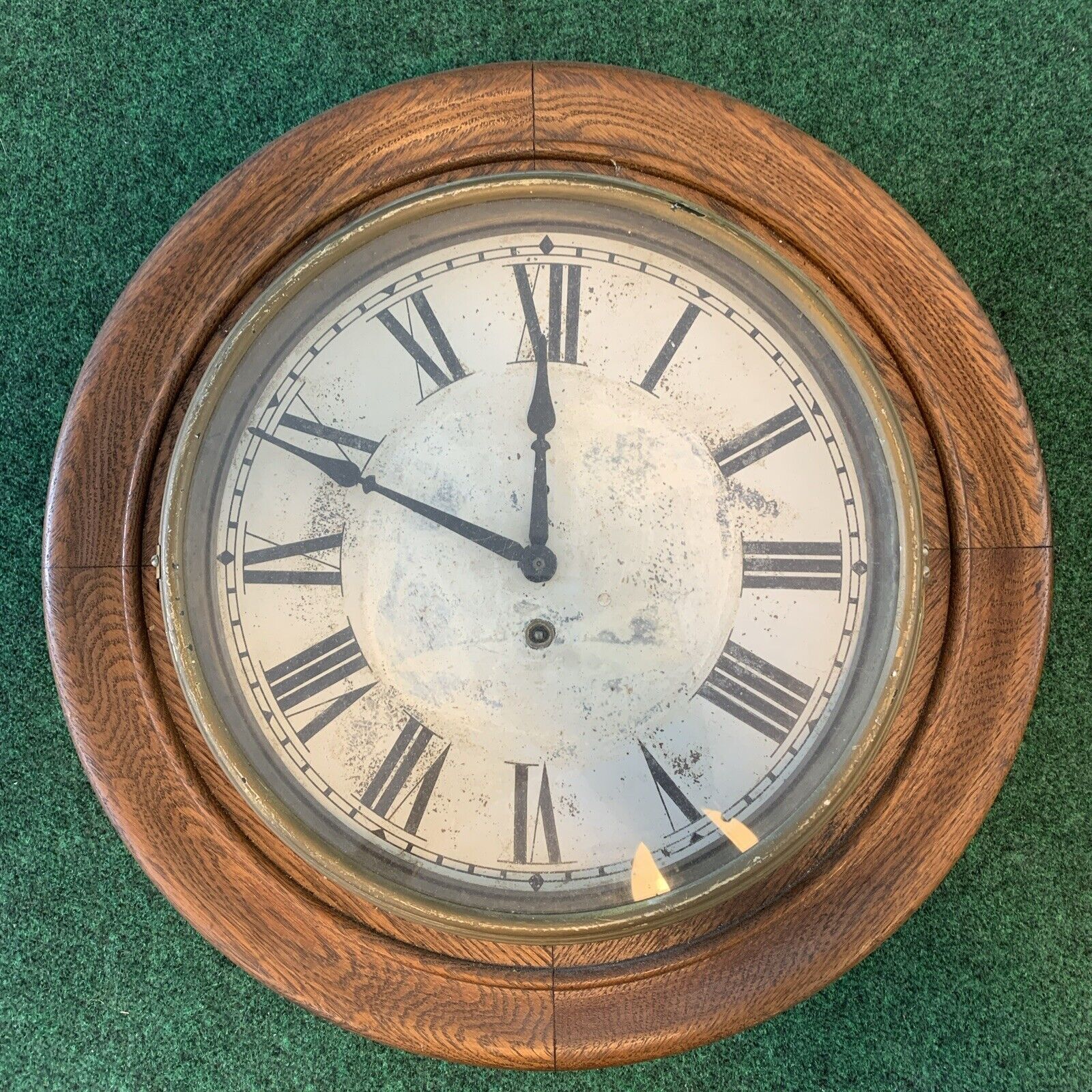 Large Dial Antique Gallery Clock Round Oak Case--Parts Or Repair—Free Shipping