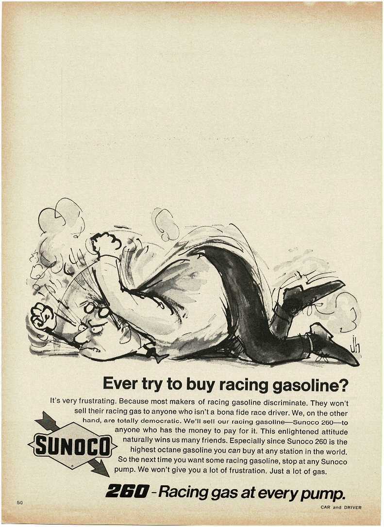 1969 SUNOCO 260 Racing Gas frustration art by JH Vintage Print Ad