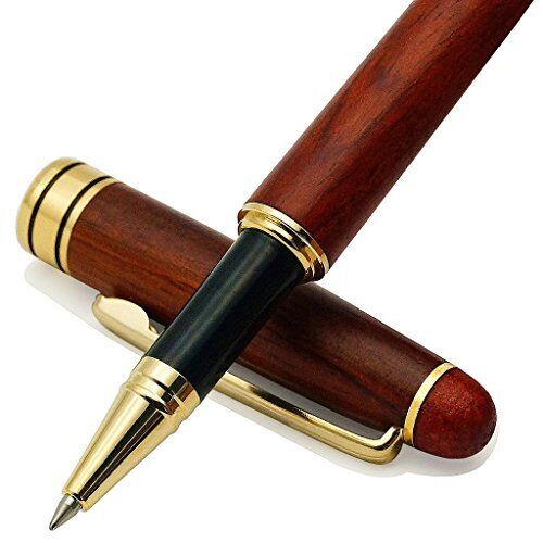 Genuine Rosewood Ballpoint Pen Writing Set - Extra 2 Black Ink Refills - 