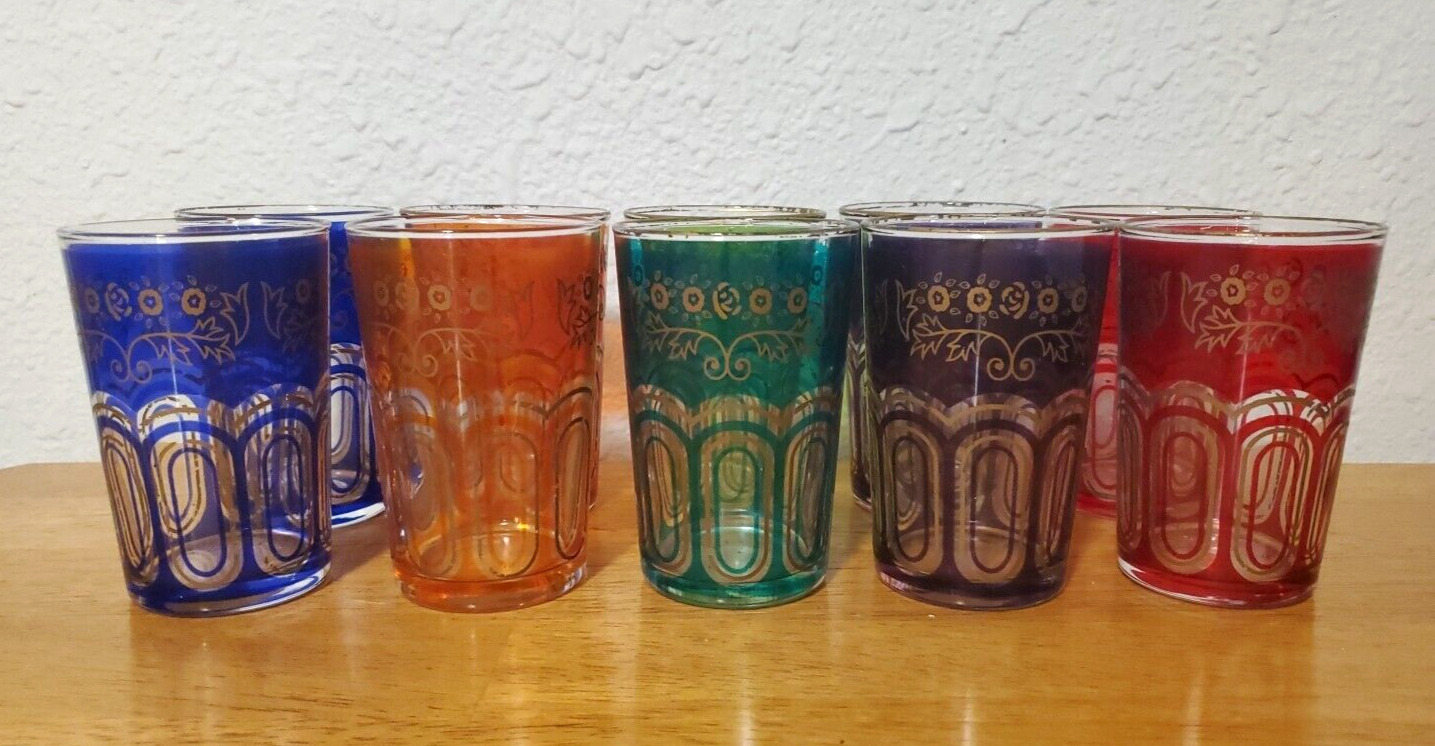Vtg MCM Moroccan Tea Glasses Set of 10 Assorted Colors Alhambra Design 1950's