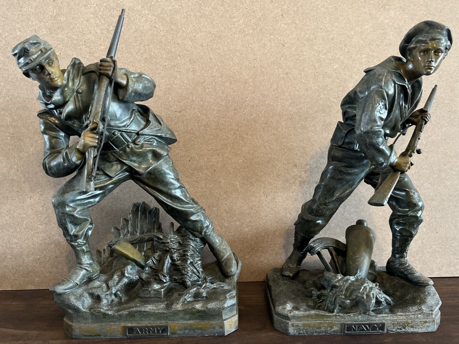 Antique Pair 1890s Bradley & Hubbard ARMY & NAVY Civil War Statues. Sculptures.